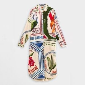 FARM Rio Our Stamps Shirt Dress Printed Linen Blend Long Sleeve Midi Medium